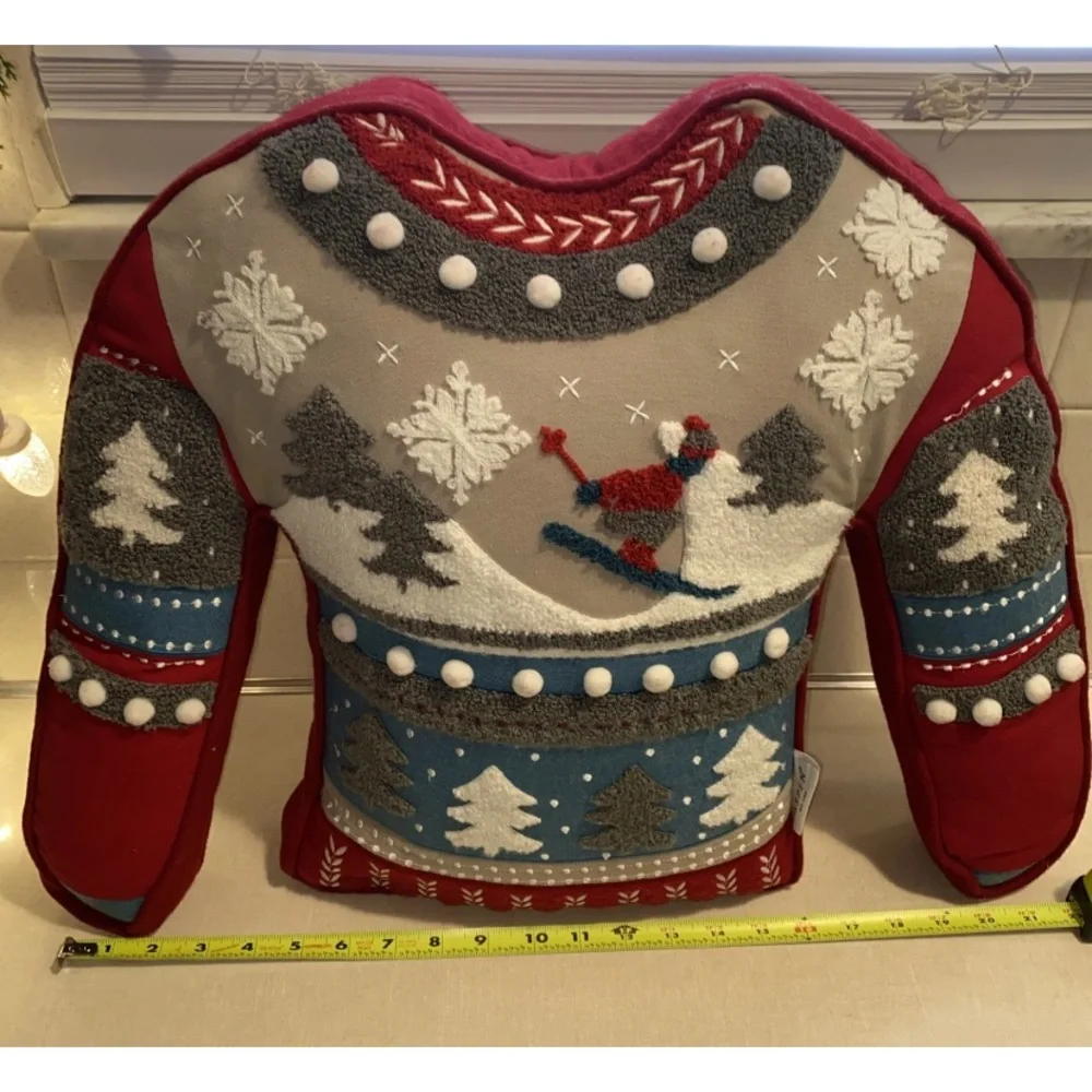 Aspen Ugly Christmas Sweater Shaped Throw Accent Pillow Ski Skiing Winter Theme‎